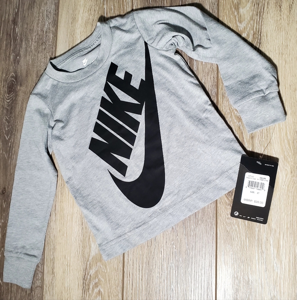 New Nike toddler long sleeve gray, black graphic logo crew neck T-shirt 2T